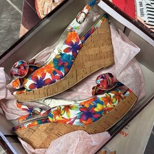 Floral Cork Wedge Slingback Sandals - Orange Multi
